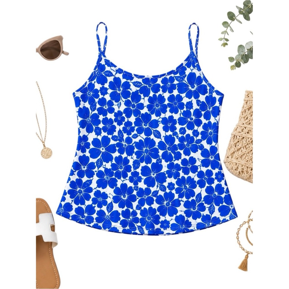 L.L.Bean Blue White Floral Tankini Swim Top Women's Size 10 Coastal Resort Swim